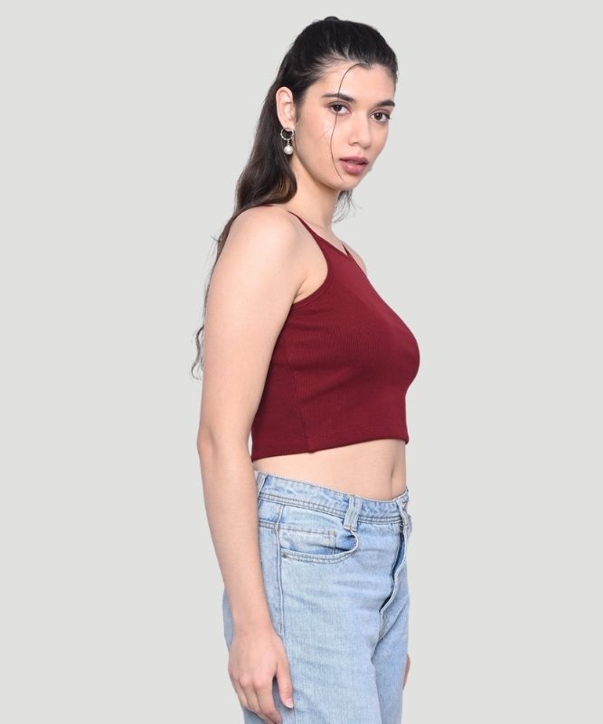 Women's Maroon Solid Noodle strap Slim Fit Top